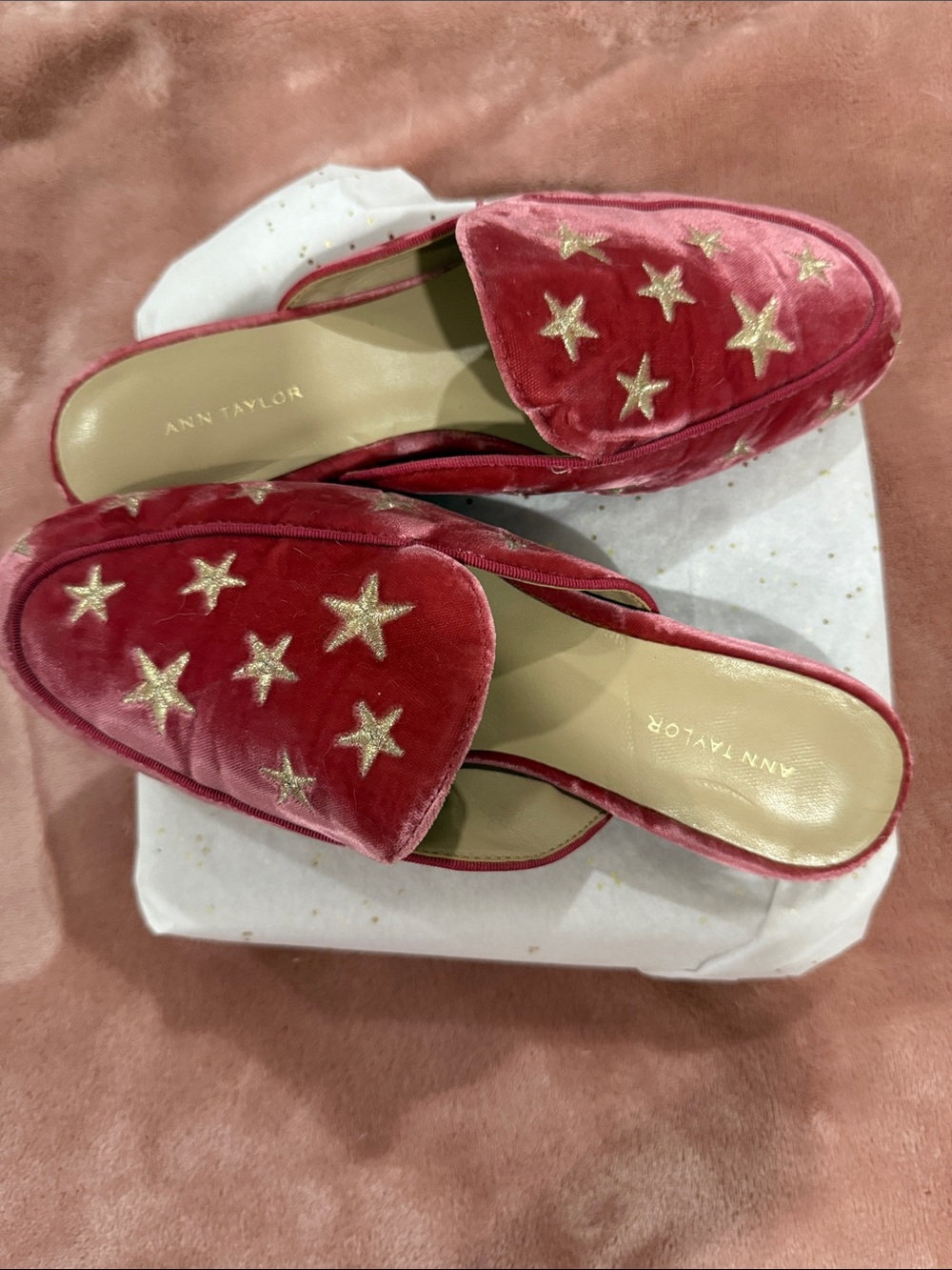 Ann Taylor Red Velvet Star Appliqué Mules